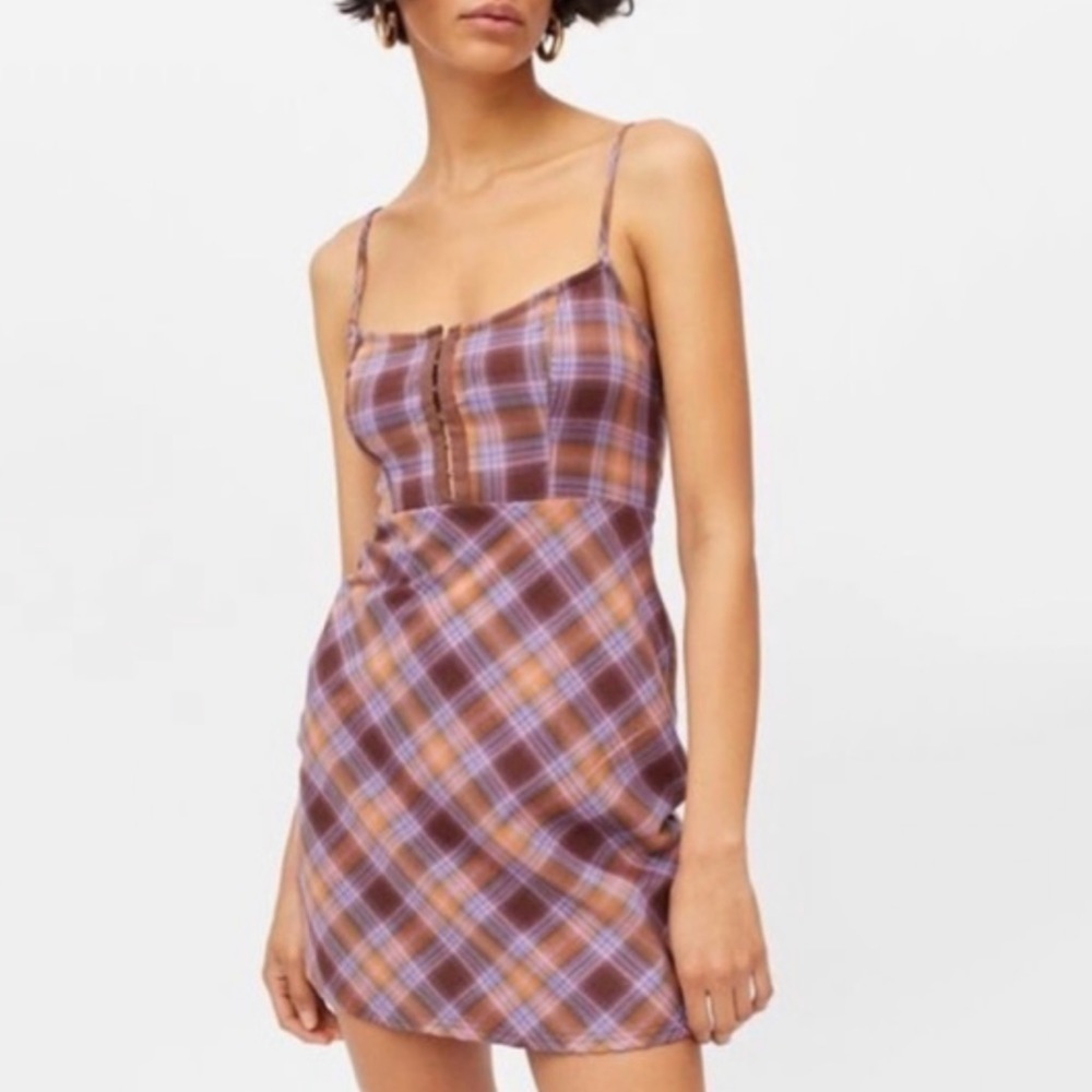 NEW Urban Outfitters Keya Purple Orange Plaid Sleeveless Mini Dress